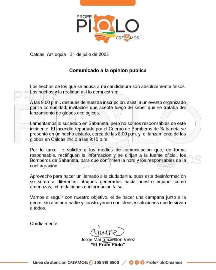 Incendio en Sabaneta no tendría que ver con globos lanzados por candidato a Alcaldía de Caldas 1 Incendio en Sabaneta no tendría que ver con globos lanzados por candidato a Alcaldía de Caldas