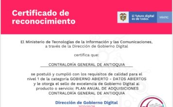 La Contraloría General de Antioquia es galardonada con el Sello de Excelencia de Gobierno Digital por el MINTIC